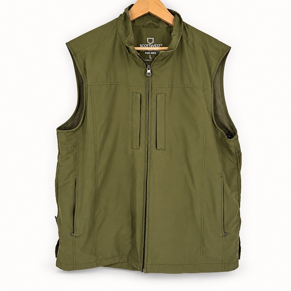 SCOTTEVEST Mens Large RFID Travel Vest Olive Green Multi Pocket TEC Utility Gorp